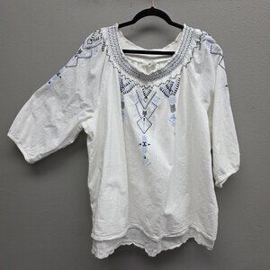 Westport Shirt Womens 3X White Blue Embroidered Boho Peasant Tunic Top Blouse